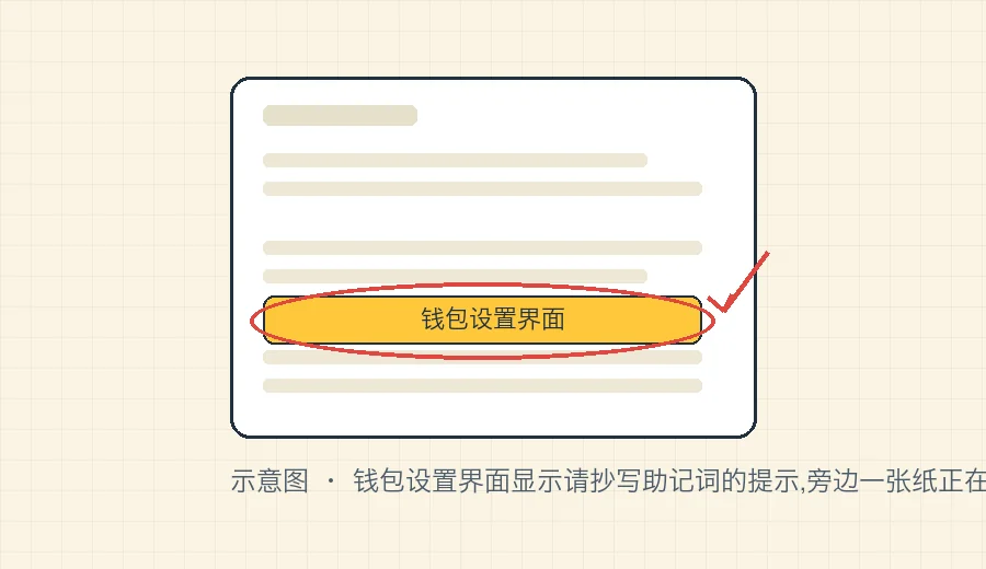 钱包设置界面显示请抄写助记词的提示,旁边一张纸正在被手抄记录